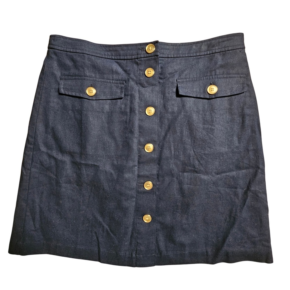 J.Crew Linen Blend Button Front A-Line Mini Skirt 6 Navy Minimalist AV793 NWT